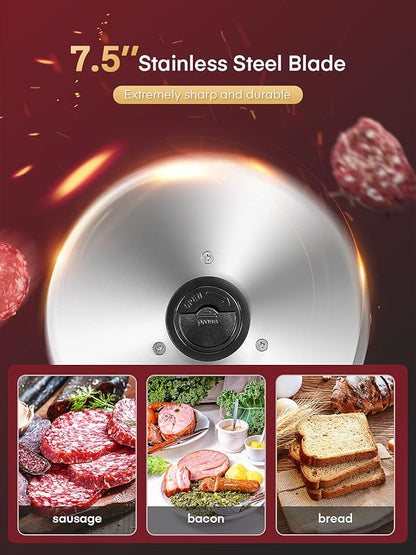 FOHERE 200W Meat Slicer Machine for Home, Electric Food Slicer with Two 7.5" Sharp Stainless Steel Blade(Serrated + Smooth) 0-15mm Precise Thickness Deli Meat Slicer for Bread Fruit Vegetable(Silver)