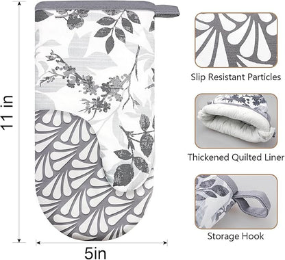 Thumb Oven Mitts, Heat and Slip Resistant Silicone Kitchen Mittens 2-Pack Set, Foliage Textured Flower Soft Long Oven Gloves, Flexible Thick Potholders for Safe Baking Cooking and Gr (Grayish)