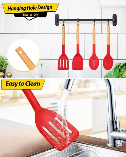 Pack of 4 Silicone Cooking Utensils Set, Non Stick Solid Spatulas and Heat Resistant Slotted Spoons with Wooden Handle, Ideal Wood Kitchen Utensils Set for Frying,Serving,Turning,Stirring (RED)