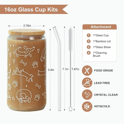 Dachshund Glass Cup with Lid & Straw for Dog Lovers - 16oz Cute Funny Weiner Dog Iced Coffee Cup Smoothie Tumbler Dog Owner Gift for Friend, Mom, Wife, Fur Mom, Pet Mommy, Sister, Coworker