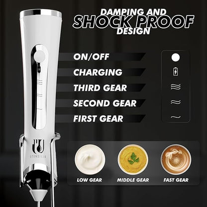 Rechargeable Handheld Milk Frother - Electric Foam Maker - Portable Coffee Frother Wand with 2 Heads - Stainless Steel Electric Whisk for Coffee, Latte, Cappuccino, Macchiato, Hot Chocolate (White)