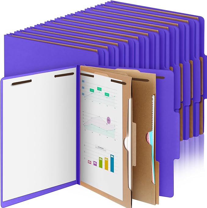 24 Pcs Classification Folders Letter Size, Back to School Supply for Teacher, Student, 2 Pocket Dividers Pressboard File Folder Bulk with 2 Fasteners, 2 in Expanding File Organizer (Purple)