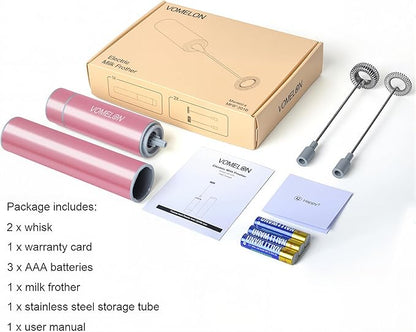 Electric Milk Frother Handheld,Travel Coffee Drink Mixer Batteries Included, 304 Stainless Steel Whisk for latte Cappuccino,Bulletproof Coffee Hot Chocolate,Egg Rose Pink
