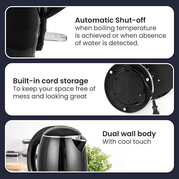 Elite Gourmet EKT1821 1.8L Double Wall Insulated, Cool-Touch 1500W Kettle w/Stainless Steel Interior & Lid, 360° Swivel Base for Cord Free Serving, Power On Lever, Auto Shut-Off, Boil Dry, Black