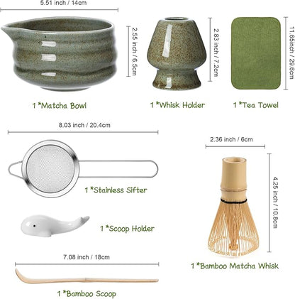 Matcha Whisk Set, 7 Pcs Matcha Kit Includes 18 oz Ceramic Matcha Bowl with Spout, Bamboo Whisk and Holder,Scoop with Stand, Sifter & Tea Towel, Complete Matcha Making Kit