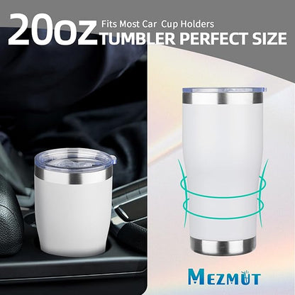 MEZMUT 20oz Coffee Tumbler with Lid and Straw Double Wall Vacuum Insulated Cup Stainless Steel Travel Mugs Insulated for Hot Cold Leakproof Powder Coated Tumbler for Indoor Outdoor(White, 6)