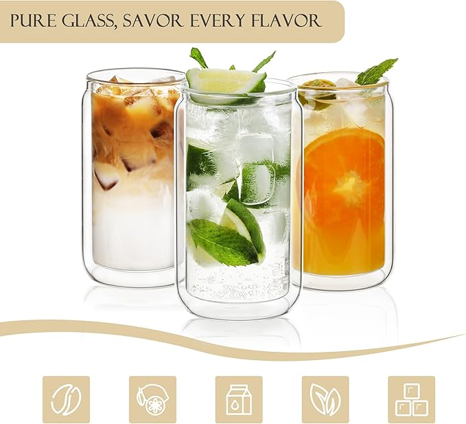 LIBWYS 12oz Double Wall Drinking Glass Cup with Bamboo Lid and Straw, 1 Pc Set – Condensation Resistant Insulated Glass Can Tumbler for Cold Drinks, Iced Coffee, Tea, Juice, Cleaning Brush