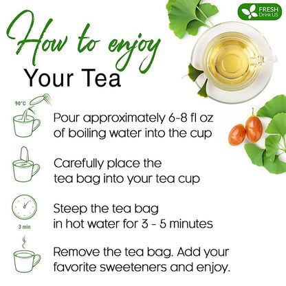FreshDrinkUS, Premium 30 Ginkgo Biloba Leaf Tea Bags, 100% Natural & Pure from Ginkgo Biloba Leaves. Loose Leaf Herbal Tea. Made with Eco-Conscious Tea Bags. No Sugar, No Caffeine, No Gluten, Vegan.