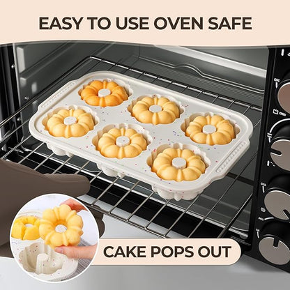 Mini Bundt Cake Pans for Baking, 2Pcs Silicone 6-Cavity Fluted Tube Cake Pan with Metal Reinforced Frame, Nonstick Baking Molds for Cupcake, Brownie, Donuts, Cornbread, Jello
