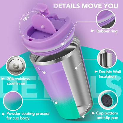 Volhoply 12 oz Double Wall Insulated Vacuum Travel Coffee Mug with Flip Lid Bulk 4 Pack,Reusable Stainless Steel Leak Proof Coffee Cup,Portable Thermal Tumbler for Hot&Cold Drinks(Purple Green,4 Set)