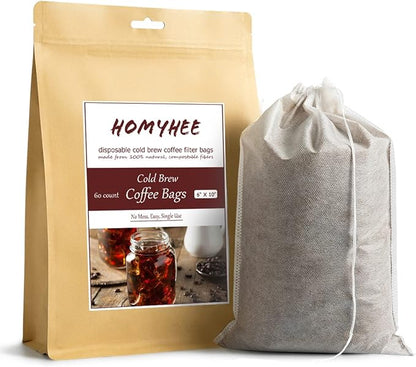 Cold Brew Coffee Bags 60 Count Disposable Fine Mesh Brewing Bags for Concentrate/Iced Coffee Maker, French/Cold Press Kit, Hot Tea in Mason Jar or Pitcher, 6 x 10 Inches