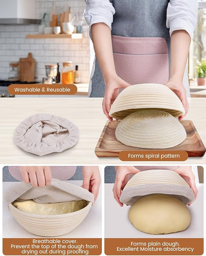 Bread Proofing Basket Set, PITCH PULSE 9 Inch Round and 10 Inch Oval Banneton Bowl with Sourdough Bread Making Tools Kit