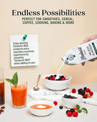 Elmhurst 1925 Unsweetened Almond Milk - 32 Ounce (Pack of 6) Dairy-Free, Vegan, Kosher, No Added Sugar, Shelf Stable Milk Made with Water & Almonds for Healthier, Simpler Plant-Based Alternatives