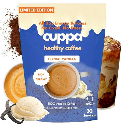 Cuppa French VanillaHealthy Mushroom Instant Coffee with Lion's Mane & Ashwagandha for All Day Energy & Focus - No Crash or Jitters - Nootropics for Brain Health, Gut Health, Immunity, Stress, Memory + Mood - 60 Servings