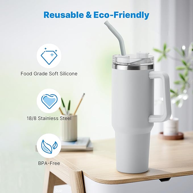 Metal Straw with Silicone Tip for 30oz Stanley Cup, 2 Pcs Stainless Steel Straws Replacement for Stanley 30 oz Adventure Quencher Travel Tumbler Cup, 1 Straw Brush (Light Gray)