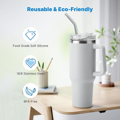 Metal Straw with Silicone Tip for 40oz Stanley Cup, 2 Pcs Stainless Steel Straws Replacement for Stanley 40 oz Adventure Quencher Travel Tumbler Cup, 1 Straw Brush (Light Gray)