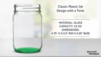 DISCOUNT PROMOS Decorating Mason Jars 12 oz. Set of 10, Bulk Pack - Glass Jars for Overnight Oats, Candies, Fruits, Pickles, Spices, Beverages - Green