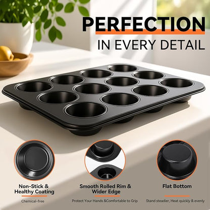 Yoehka 2 Pack Muffin Pan for Baking, Nonstick Cupcake Pan Set, Standard 12-Cups Muffin Tin for Baking Cupcakes & Mini Pies, Carbon Steel Baking Supplies