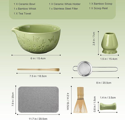 Ceramic Matcha Whisk Set 7 PCS Matcha Set Large Matcha Bowl, Matcha Whisk and Holder, Bamboo Scoop and Scoop Rest, Stainless Sifter and Tea Towel, Matcha Kit for Matcha Tea Ceremony Green