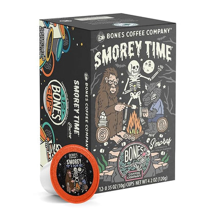 Bones Coffee Company Flavored Coffee Bones Cups S'morey Time S'mores and Graham Crackers | 12ct Single-Serve Coffee Pods Compatible with Keurig 1.0 & 2.0 Keurig Coffee Maker