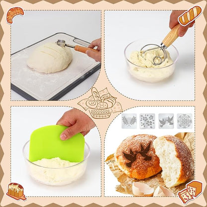 Sourdough Starter Kit,9 Inch Round & 10 Inch Oval Banneton Bread Proofing Basket with Dough Whisk Bread Lame Dough Scraper Bowl Scraper Silicone Brush Sourdough Bread Baking Supplies