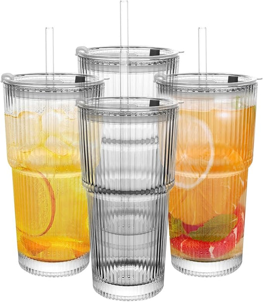20oz Ribbed Drinking Glasses with Lids and Glass Straws-Thickened Glass cup -Vintage glass straw cups- Ideal for Iced Coffees, Cocktails, Juices, Family Use and Parties (4)