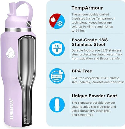 SENDESTAR 40oz Water Bottle Wide Mouth Stainless Steel Vacuum Insulated Double Wall with 2 Straw Lids Fit in Any Car Cup Holder