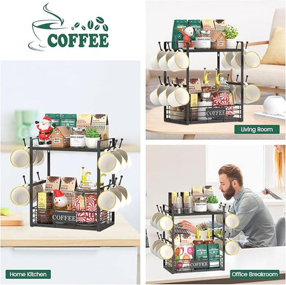 EsLuker.ly Coffee Mug Cup Holder Stand Bar Station Organizer for Countertop, Multi-Functional 2 Tier Mug Tree Rack for Kitchen, Storage Shelf with 12 Hooks, Black(Patented Design)