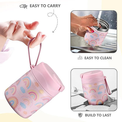 17oz Soup Thermo for Hot Food Kids Insulated Vacuum Food Jar with Stainless Steel Spoon Wide Mouth Thermo Leakproof Lunch Food Container Kids Hot Lunch Box (Pink-Rainbow)