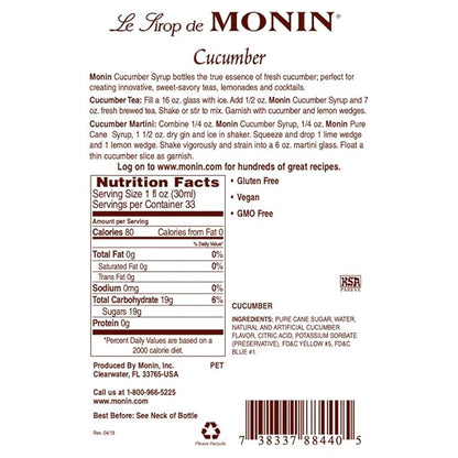 Monin - Cucumber Syrup, Refreshing Sweetness, Natural Flavors, Great for Mocktails, Cocktails, Lemonades, Teas, and Sodas, Non-GMO, Gluten-Free (1 Liter, 2-Pack)