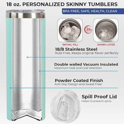 Personalized 20oz Skinny Tumbler: Engraved, Stainless Steel, Insulated, Leak-Proof Lid & Straw, Hot/Cold for Hours, Ideal for Coffee, Water, Wine, Gift for Birthdays, Weddings, Christmas, (25 designs)