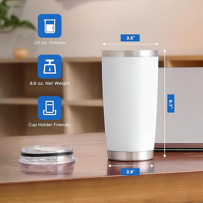OMTech 20oz Tumblers Bulk, 6pc Stainless Steel Tumbler Set with Lid & Straw, Double Wall Vacuum Insulated Mug for Laser Engraver, Travel Coffee Mug for Hot & Cold Drinks, White Powder Coated Cup