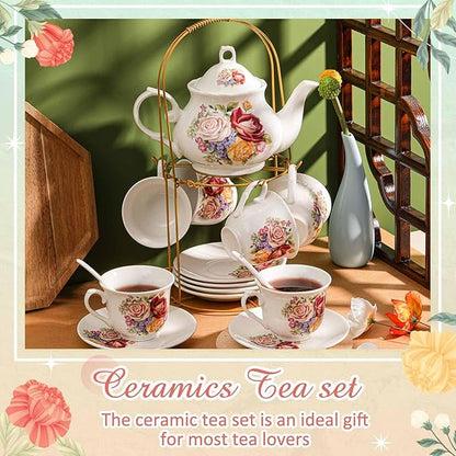 Zhehao 20 Pcs Porcelain Tea Set with Metal Holder and Spoon Adult Ceramic Tea Party Set European Flower Painting Teapot Cup Saucer Spoon for Women, Large Version (Styleish Style)