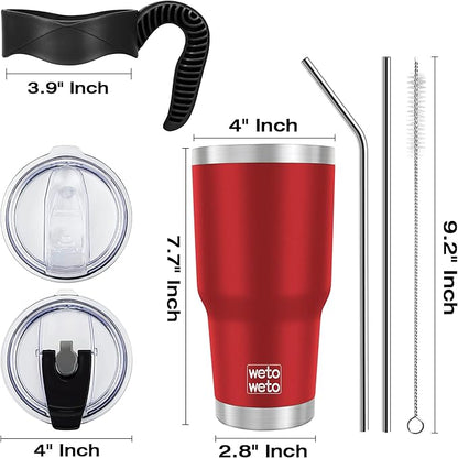 WETOWETO 30oz Insulated Tumbler With 2 Lids and 2 Straws, Stainless Steel Double Vacuum Coffee Tumbler Cup with handle, Powder Coated Travel Mug for Office, Travel(Harvest Red, 1 Pack)