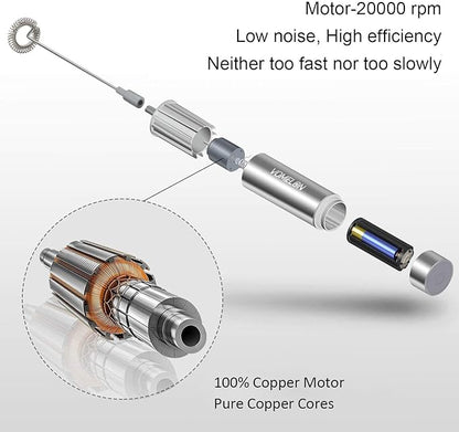 Milk Frother Handheld, Battery Operated Travel Coffee Frother Milk Foamer Drink Mixer with 2 Stainless Steel Whisks for Hot Chocolate, Batteries Included, Silver