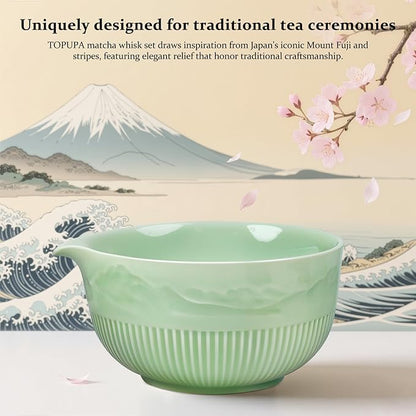 Matcha Bowl and Whisk Set 7PCs Includes Fuji Design 17oz Ceramic Bowl Whisk Holder Bamboo Spoon and Rest Sifter Tea Towel Matcha Kit for Ceremony Blue Matcha Tea Set for Making Breakfast Latte