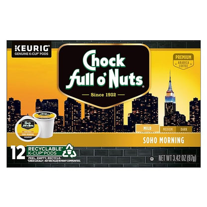 Chock Full o'Nuts Soho Morning Coffee, Mild Roast, Compatible with K-Cup Pods, 12 CT (Pack of 3)