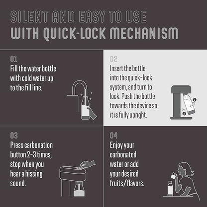 Mysoda Ruby 2 Sparkling Water Maker - Soda Streaming Machine Silent Carbonated Water Machine Robust Long-Lasting Aluminium Soda Maker 1L Water Bottle Without CO2 Cylinder - Black Silver Soda Machine