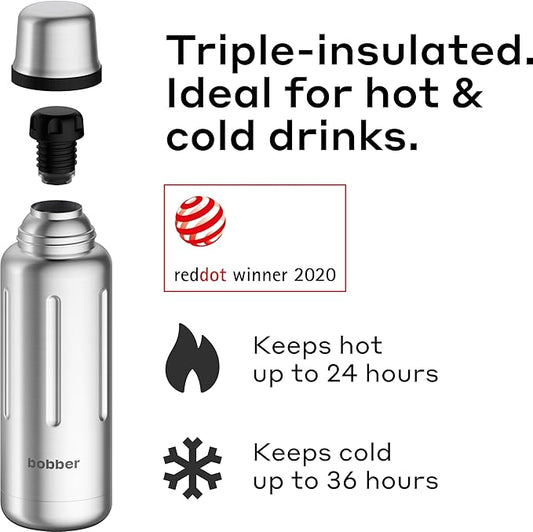 BOBBER 16 oz Vacuum Insulated Stainless Steel Water Bottle with Cup Lid – Dishwasher Safe – Keeps Drinks Hot for 24 Hours and Cold for 36 Hours – Triple Walled Coffee Thermos for Hot Drinks (Matte)