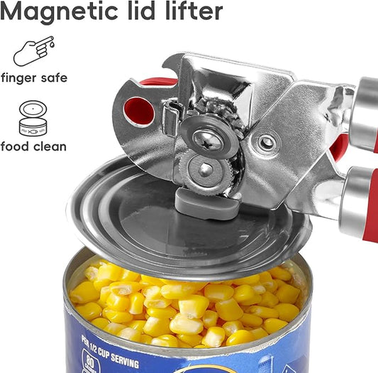 Can Opener Manual, UHIYEE Hand Held Manual Can Openers Heavy Duty with Smoother Cut Sharp Blade, Manual Hand Can Open with Soft Handle, Easy to Turn Knob, Magnetic Lid Lifter, Red