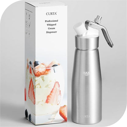 CURTA Professional Whipped Cream Dispenser, Premium Aluminium Cream Whipper, Cream Maker with 3 Decorating Tips, 500ml / 1 Pint Canister, N2O Chargers (Not Included) …