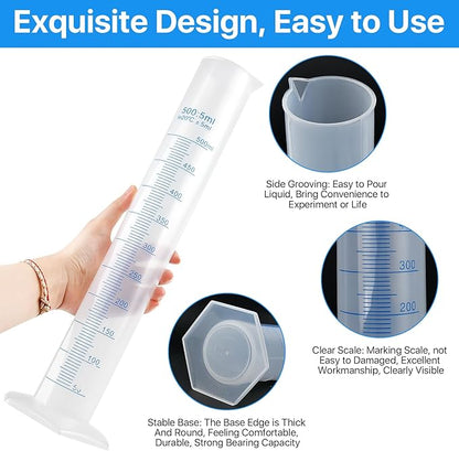 4 Packs 500ml Plastic Graduated Cylinder,Transparent Measuring Cylinder Set with Pour Spout, 2-Sided Making Plastic Lab Test Tube for Science Projects, Laboratory Supplies