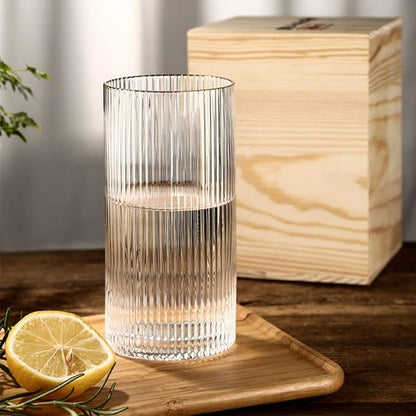 INSETLAN Glass Cups Vintage Glassware Set of 4 Small, Origami Style Transparent Cocktail Glasses Set, Bar Beverages Ice Coffee Cup Juice Ripple Drinkware, 270ml (S)