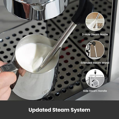 Owl Espresso Machine, 15 Bar Professional Semi-Automatic Espresso Maker with Milk Frother Steam Wand & 57oz Removable Water Tank, Dual Display, for Cappuccino, Latte, G3006, Stainless Steel