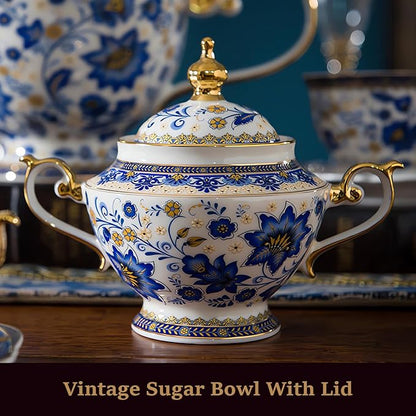 ACMLIFE Bone China Tea Set for 6, Blue and White Tea Set for Adults 24K Gold, Vintage Floral British English Cups and Saucers for Women Party or Gift Giving (Blue)