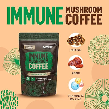Immunity Mushroom Coffee (60 Servings) Mental Focus Plus Wellness Boost for Immune System Support - Chaga, Reishi & Vitamins C, D3, and Zinc, Mixed with Gourmet 100% Arabica Instant Coffee