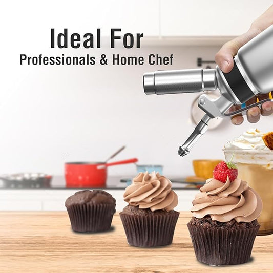 Whipped Cream Dispenser,Aluminum 500ml Whipped Cream Maker,3 Decorating Nozzles,1 Brush,1 Storage Bag,withou N2O Chargers,Sliver