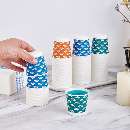 JollyPack 600 Pack 3 oz Disposable Bathroom Paper Cups, Small Mouthwash Cups in Orange, Blue, and Green, Great for Candy, Biscuits, Bathroom Use, Parties, Picnics, and Travel
