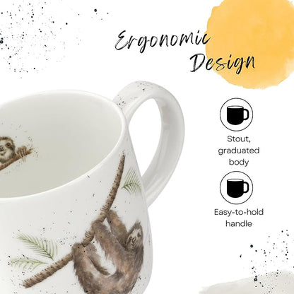 Royal Worcester Wrendale Designs Farmhouse Style Mug, Hanging Around - 14 oz Fine Bone China Mug with Sloth Illustration for Cozy Kitchen Vibes - Floral Drinkware for Daily Comfort