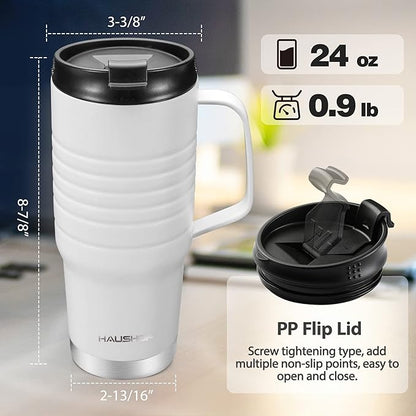 HAUSHOF 24 oz Travel Mug with Handle, Stainless Steel Vacuum Insulated Coffee Mug, Double Wall Travel Mugs with Leakproof Lid, BPA Free